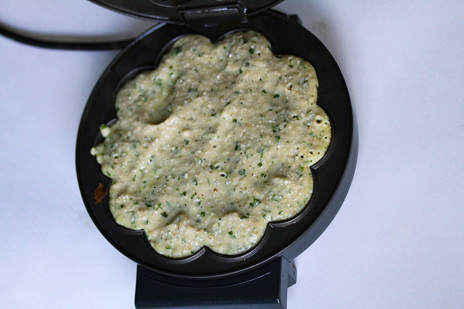 Savoury waffles - aubergine and feta - mixture in waffle iron-2