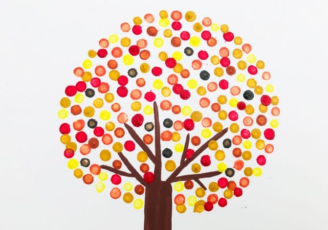 Kids Crafts Pointillism Tree full set of autumn leaves added