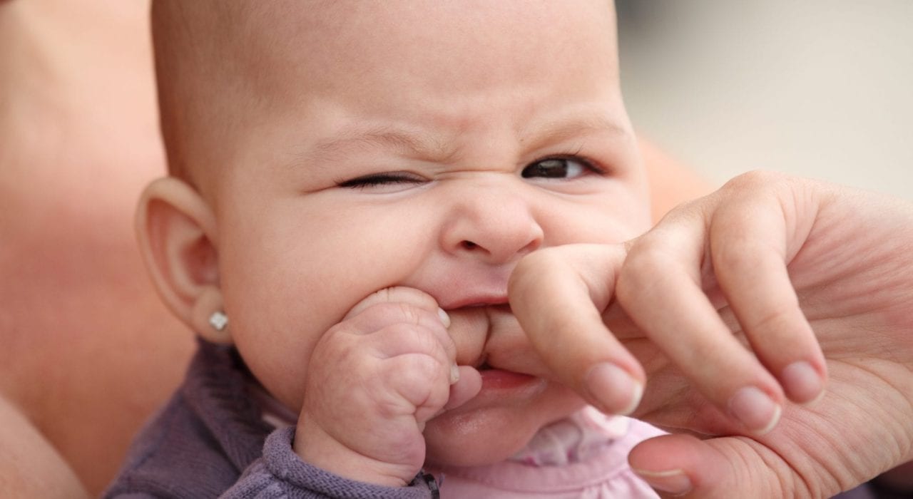 baby teething biting down on a finger