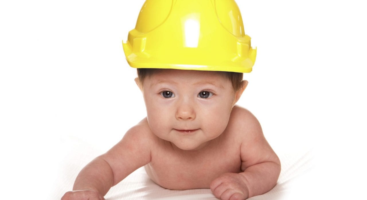 baby with hard hat - baby proofing