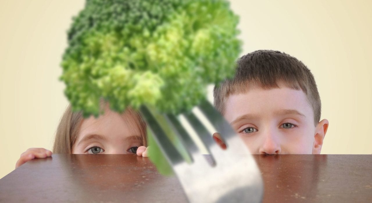 two children looking at a piece of broccoli suspiciously