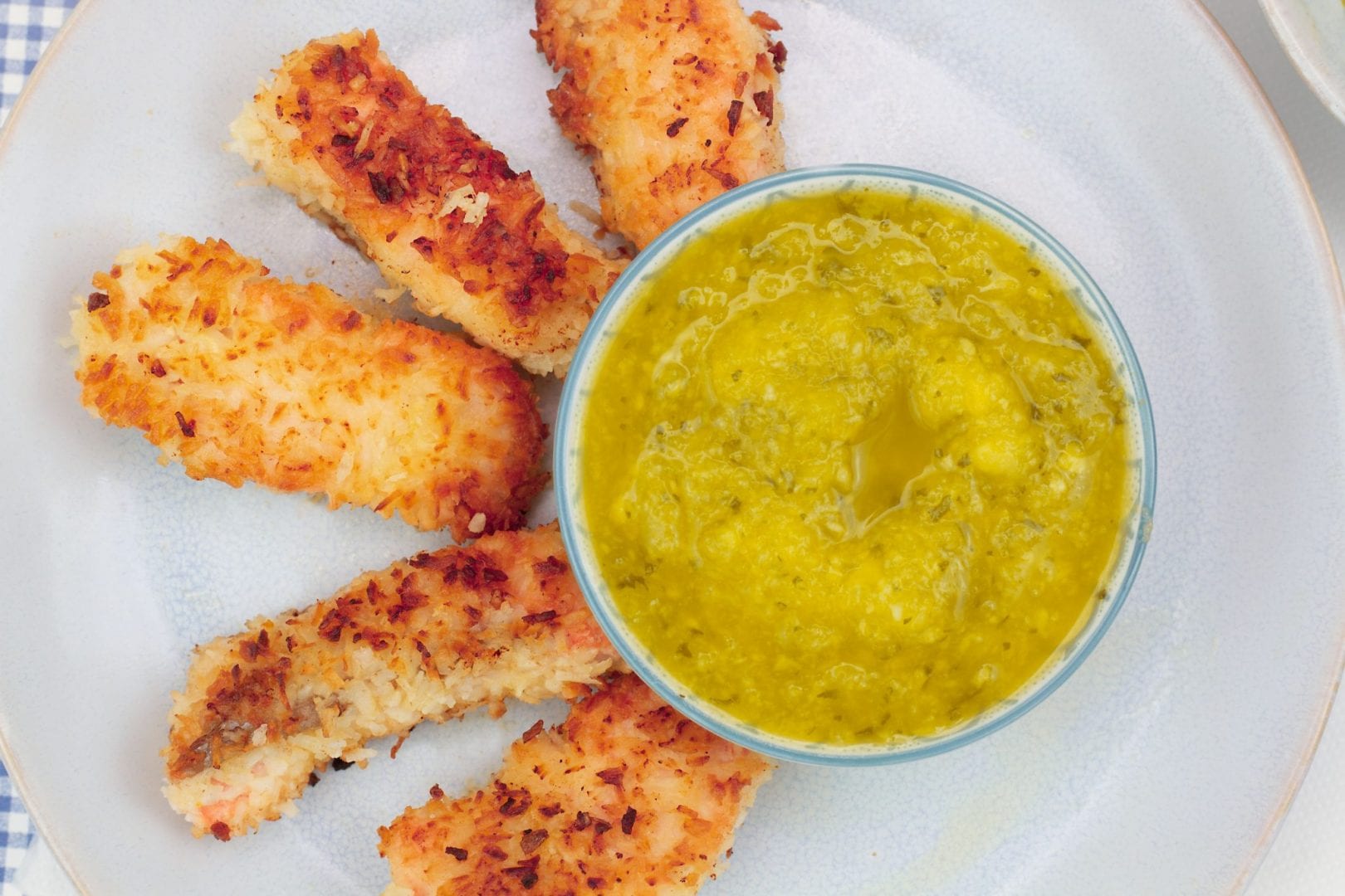 Coconut salmon goujons with mango dip MyKitchen Mas & Pas