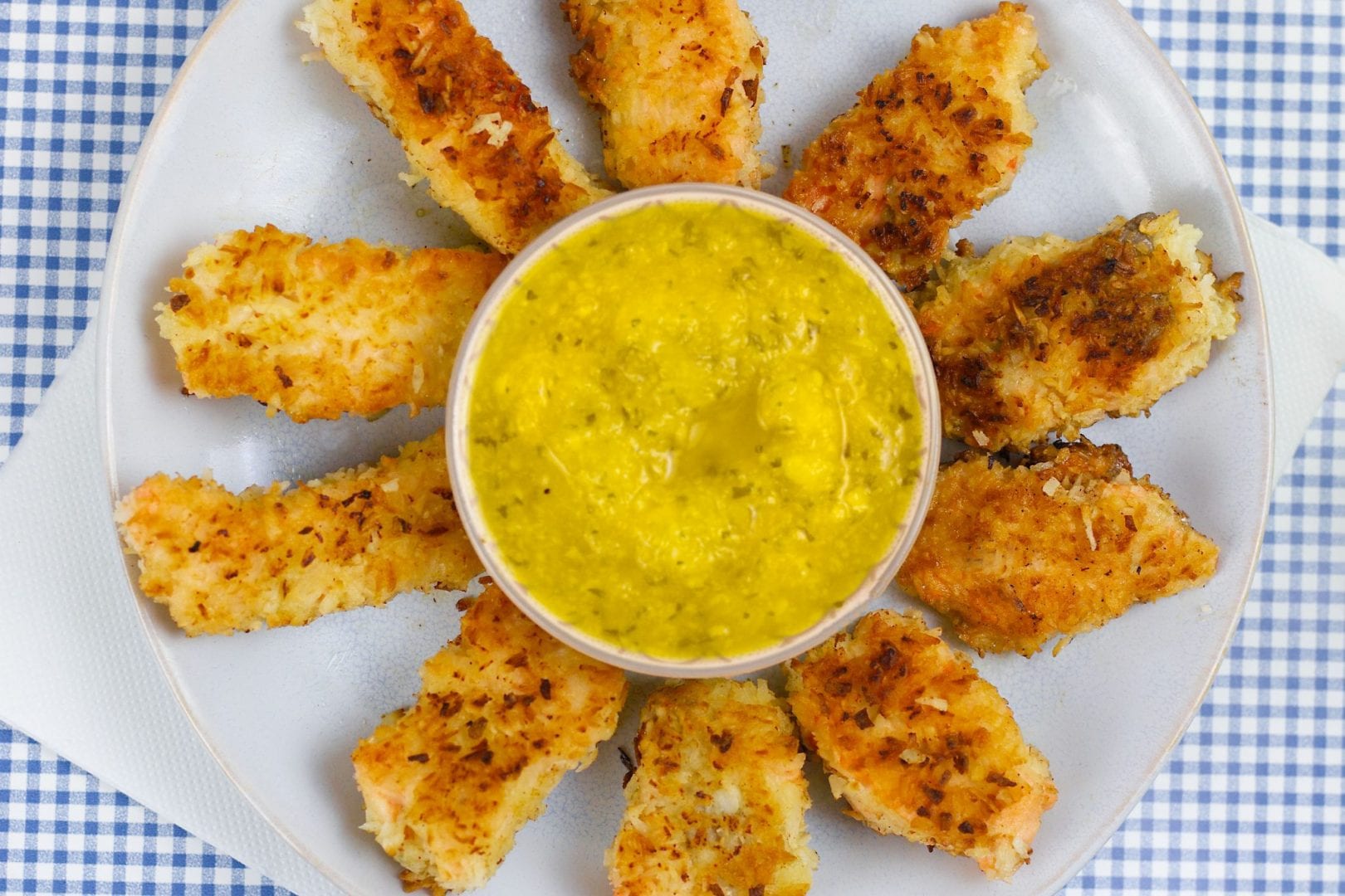 Coconut salmon goujons with mango dip MyKitchen Mas & Pas
