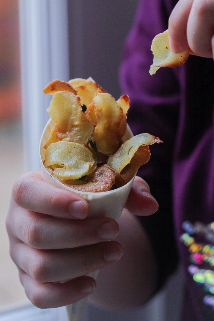 Parsnip chips, parsnip crisps with thyme. Healthy kids snack or side