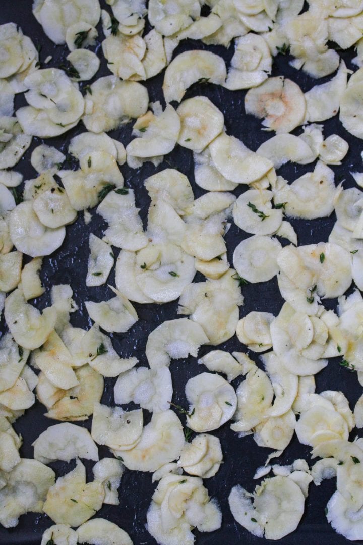 Parsnip chips, parsnip crisps with thyme. Healthy kids snack or side