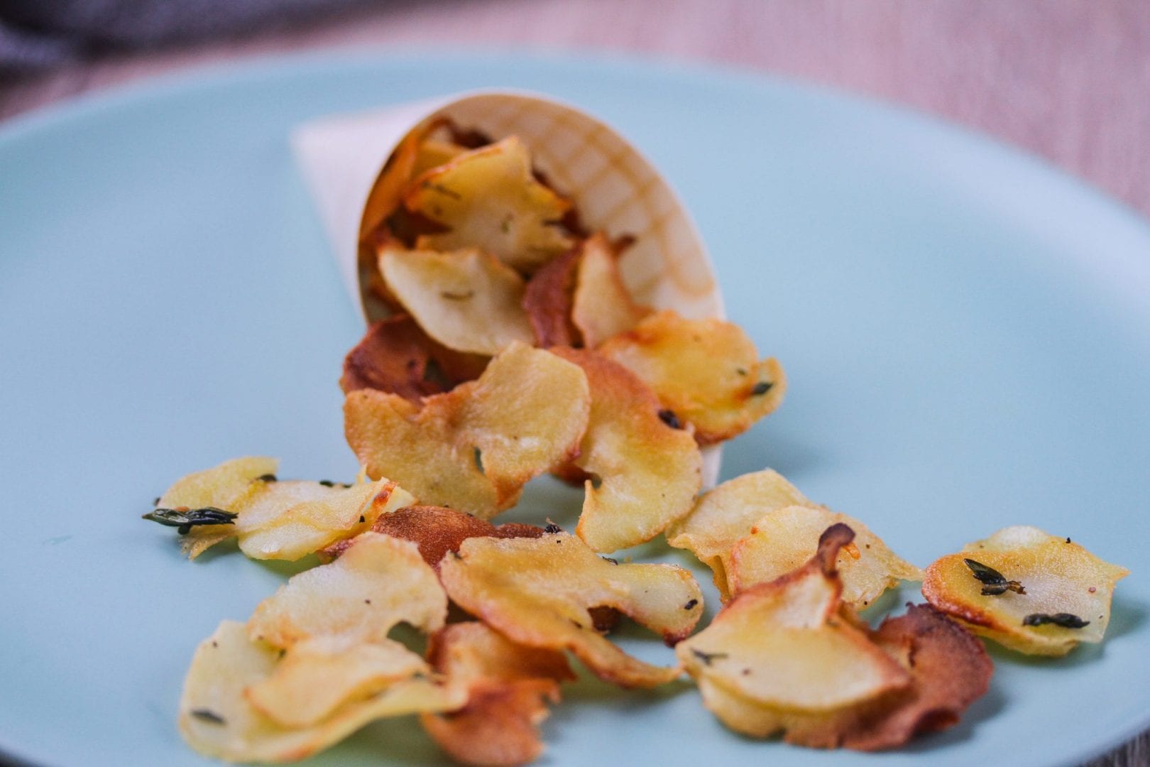 Parsnip chips, parsnip crisps with thyme. Healthy kids snack or side