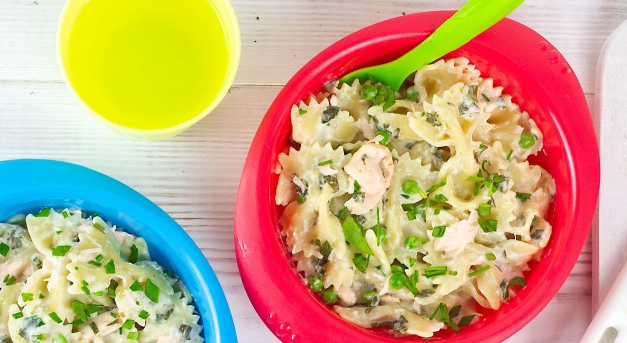Salmon pasta bows with a light creme fraiche sauce and fresh vegetables