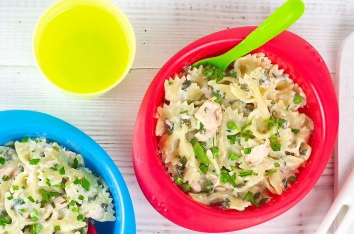 Salmon pasta bows with a light creme fraiche sauce and fresh vegetables