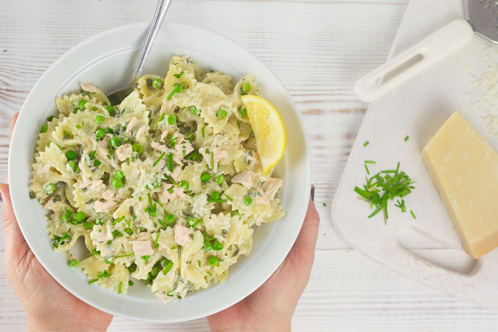 Salmon pasta bows with a light creme fraiche sauce and fresh vegetables
