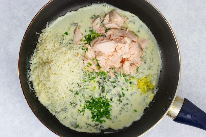 Salmon pasta bows with a light creme fraiche sauce and fresh vegetables