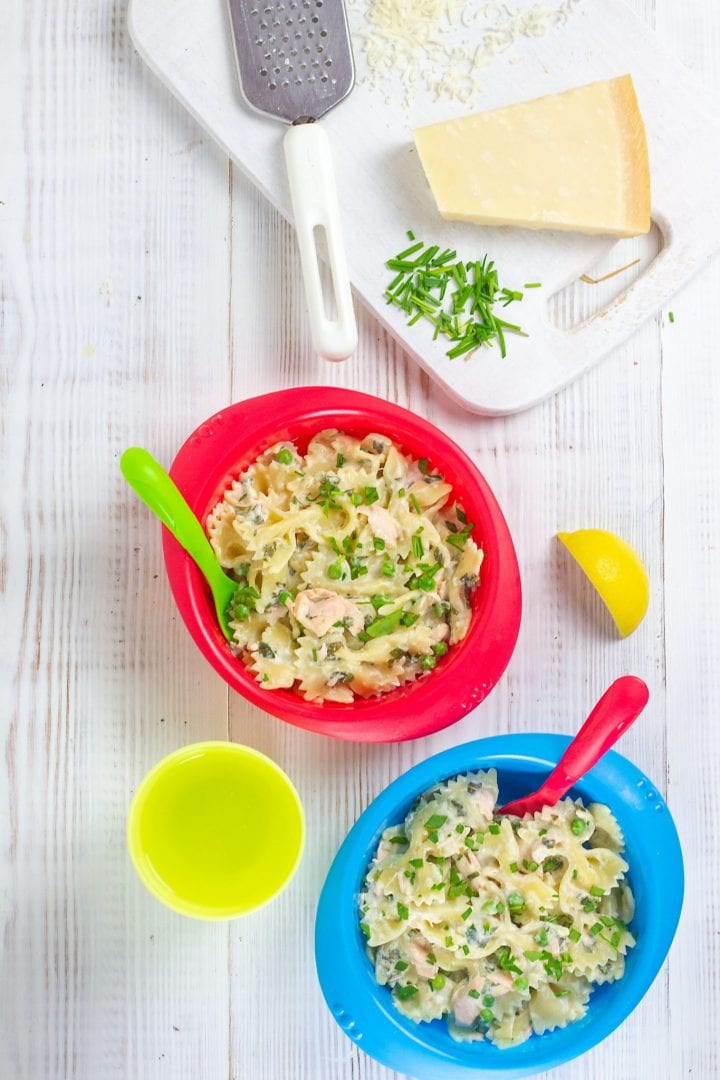 Salmon pasta bows with a light creme fraiche sauce and fresh vegetables