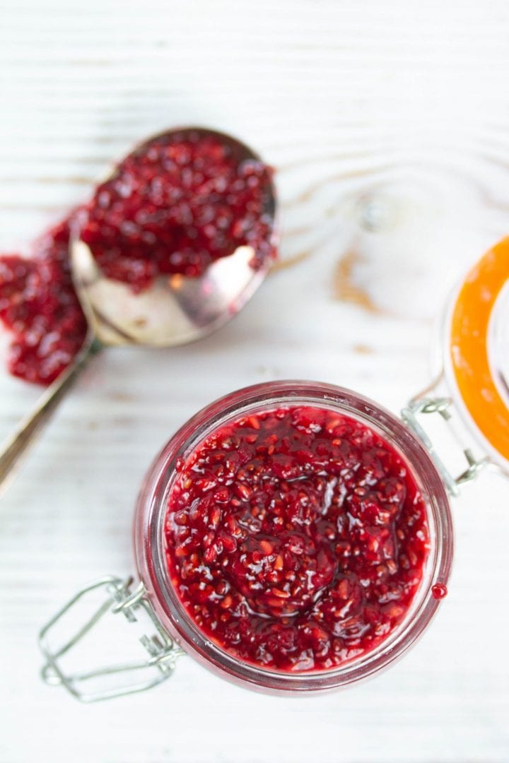 Sugar free jam recipe - make this delicious raspberry and chia seed jam as part of our roly poly cake filling or just to enjoy on its own