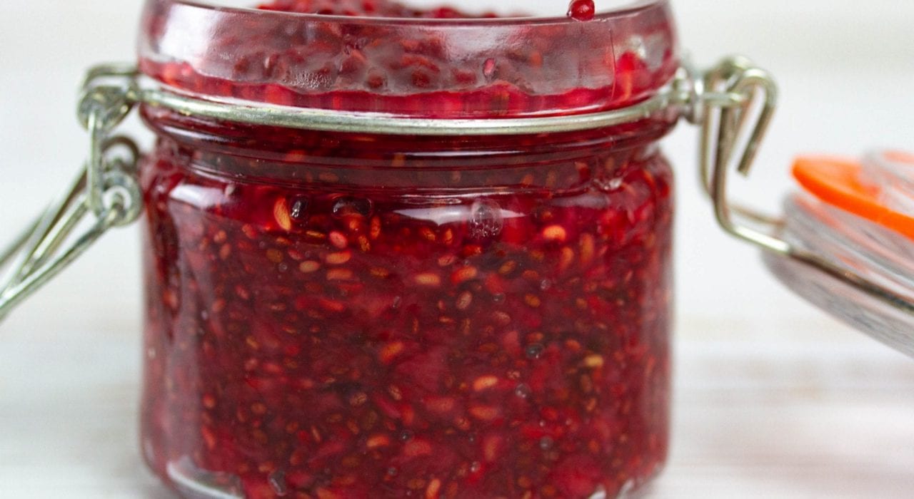 Sugar free jam recipe - make this delicious raspberry and chia seed jam as part of our roly poly cake filling or just to enjoy on its own
