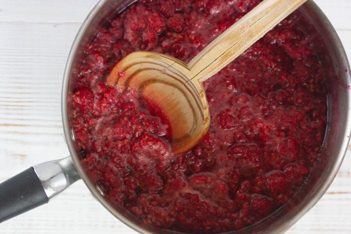 Sugar free jam recipe - make this delicious raspberry and chia seed jam as part of our roly poly cake filling or just to enjoy on its own