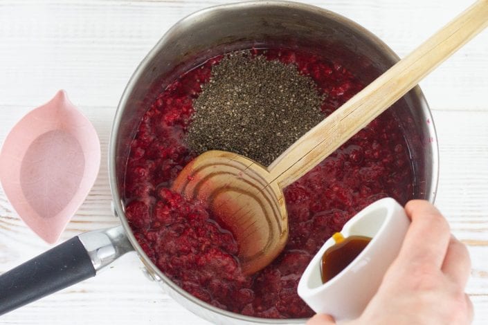 Sugar free jam recipe - make this delicious raspberry and chia seed jam as part of our roly poly cake filling or just to enjoy on its own