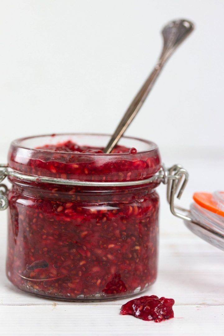 Sugar free jam recipe - make this delicious raspberry and chia seed jam as part of our roly poly cake filling or just to enjoy on its own