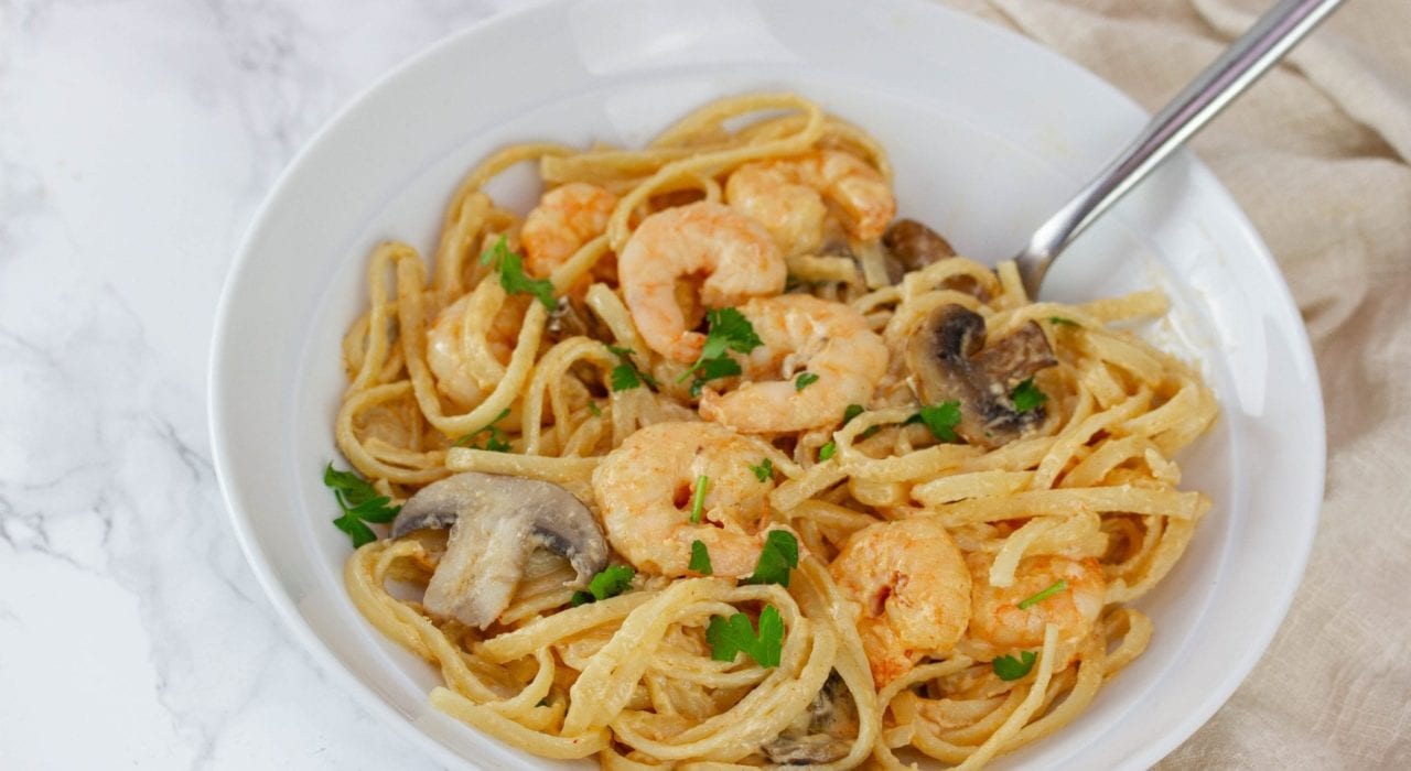 Creamy prawn linguine - enjoy this lighter prawn carbonara recipe for your next family dinner