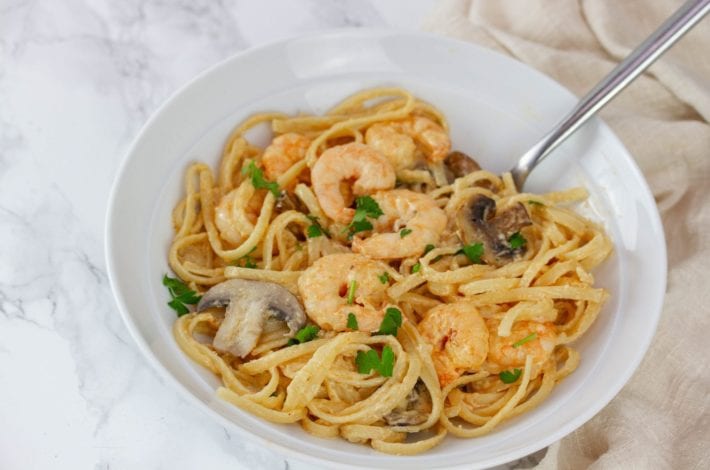 Creamy prawn linguine - enjoy this lighter prawn carbonara recipe for your next family dinner
