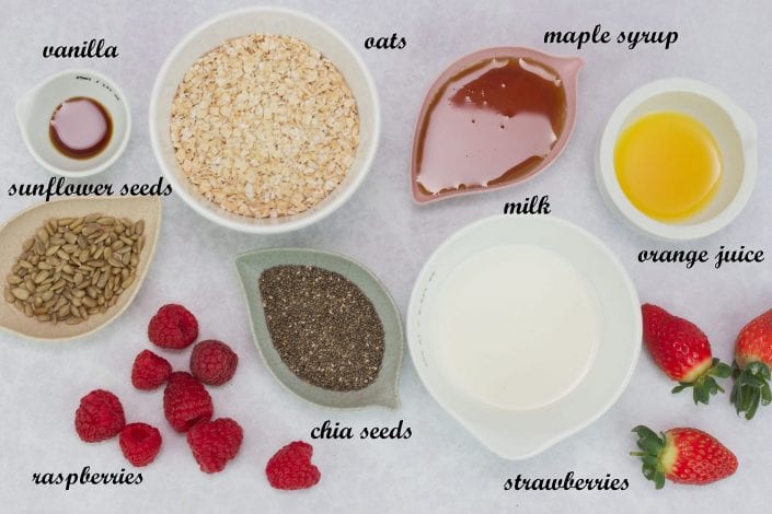 Healthy bircher muesli - try this deliciously healthy bircher muesli made with raspberry strawberries and chia seeds for a healthy breakfast for kids