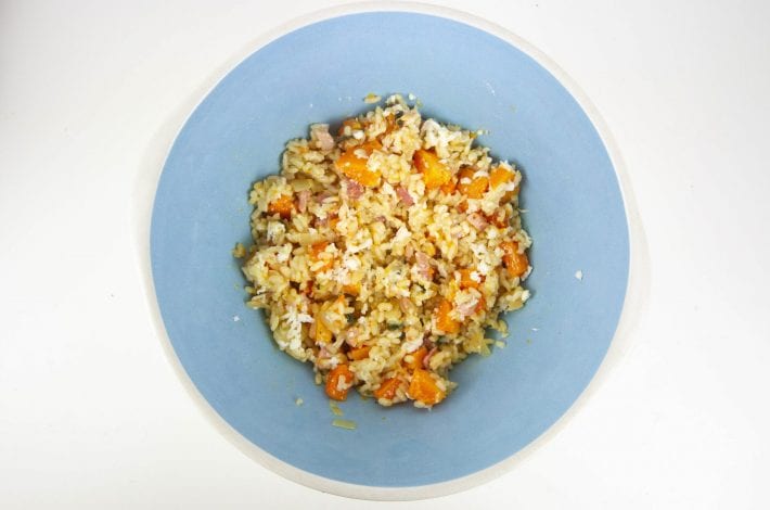 Make these delicious arancini rice balls made with squash and pancetta risotto. Perfect for kids dinners or to use up leftover risotto