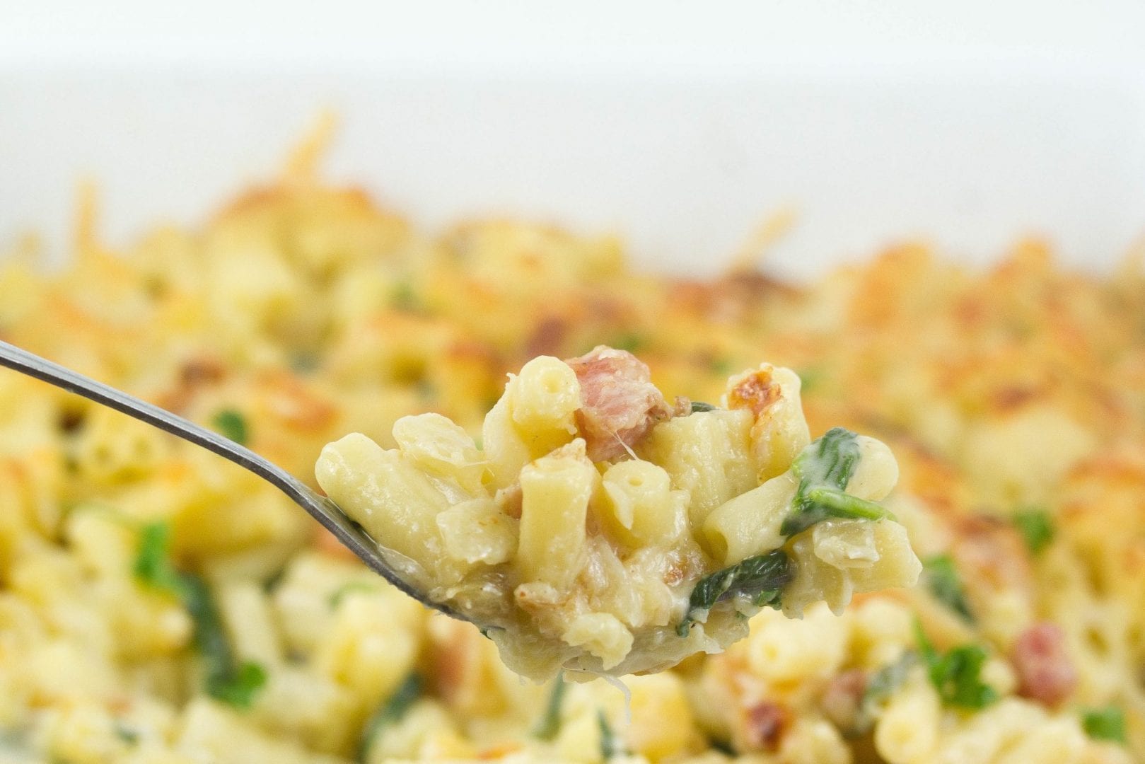 Bacon and apple mac and cheese at its best with slices of apple and a creamy sauce and hidden veggies