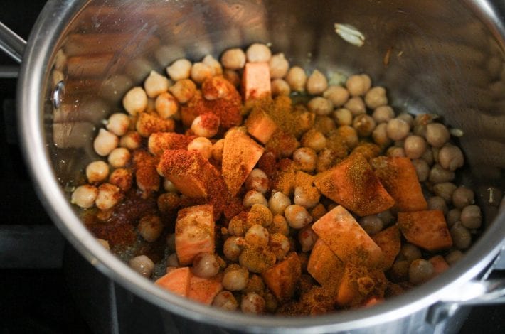 West African stew with chicken sweet potato and chick peas - quick and easy African chicken soup to make for family dinners