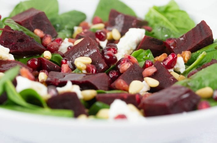 Beetroot salad with goats cheese and pine nuts - healthy summer salad that works as a kids salad