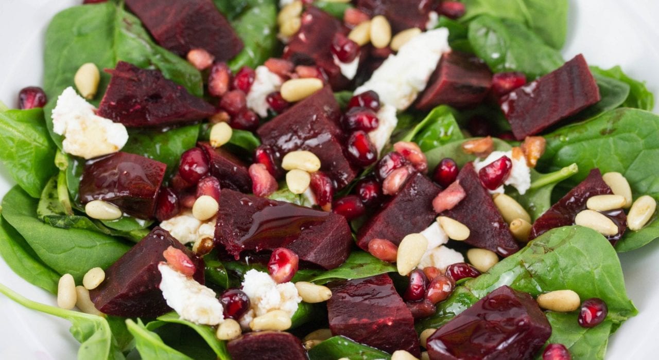 Beetroot salad with goats cheese and pine nuts - healthy summer salad that works as a kids salad