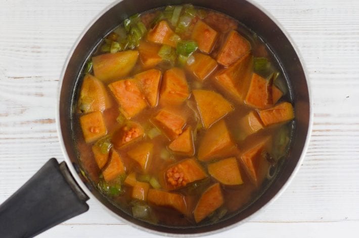 Sweet potato and lentil puree and soup - make this weaning recipe for baby as well as a soup for family dinner