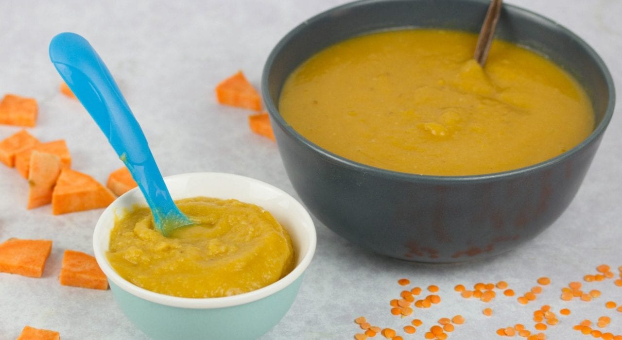 Sweet potato and lentil puree and soup - make this weaning recipe for baby as well as a soup for family dinner