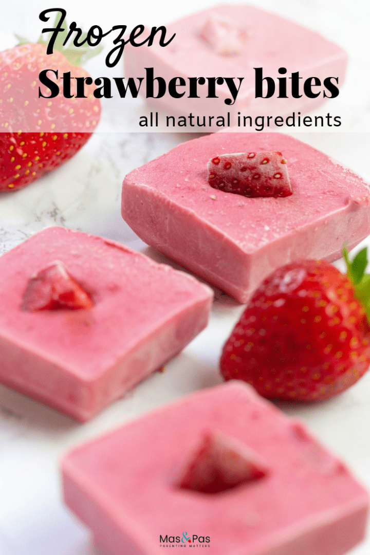 Frozen fruit chew bites made with fresh strawberries and peanut butter and frozen into bars for kids snacks