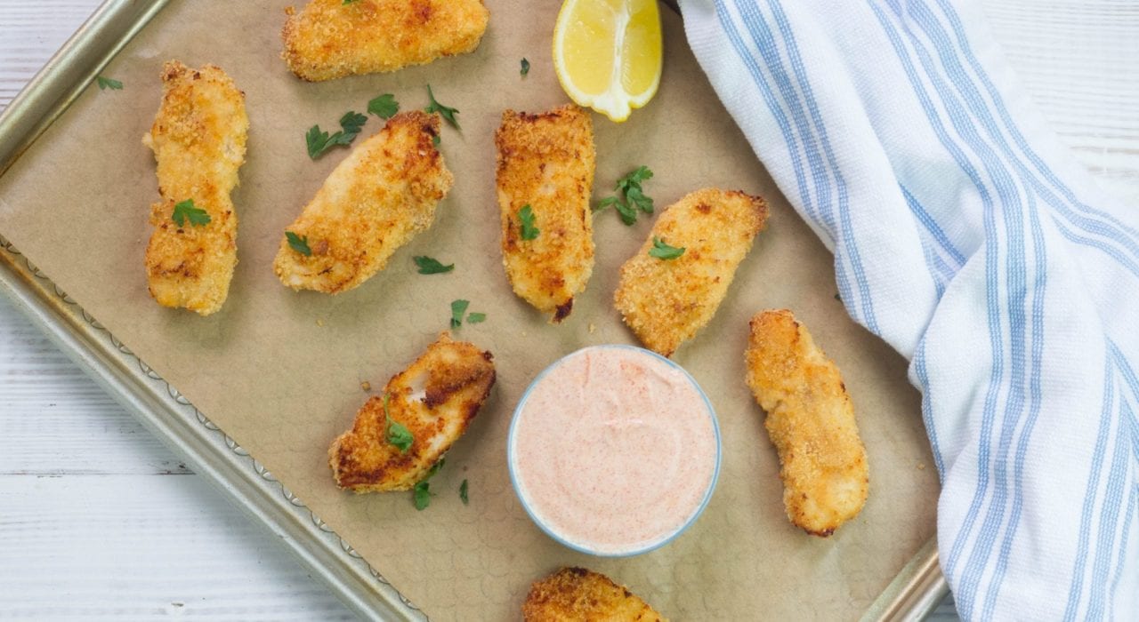 Grilled chicken tenders - tasty chicken tender goujons baked in a breadcrumb mix