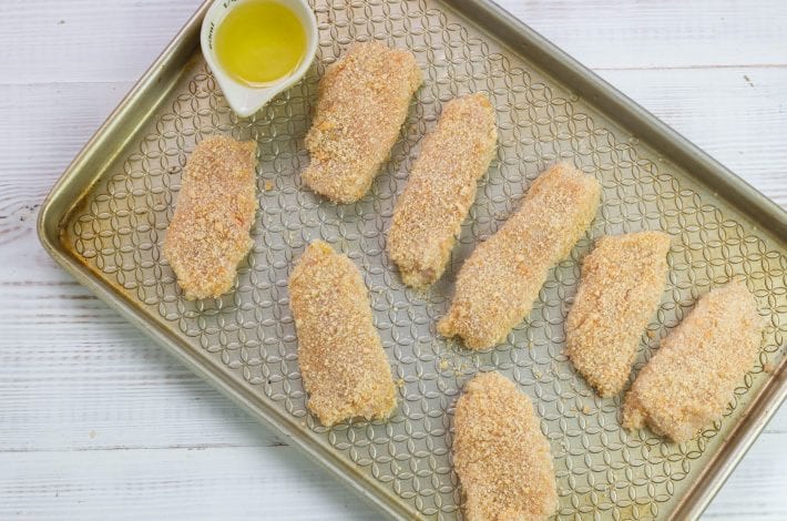 Grilled chicken tenders - tasty chicken tender goujons baked in a breadcrumb mix