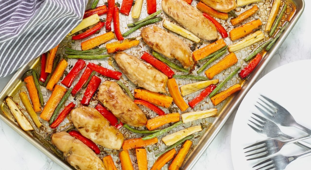Honey balsamic sheet pan chicken - a great family dinner recipe with mini chicken fillets in balsamic glaze