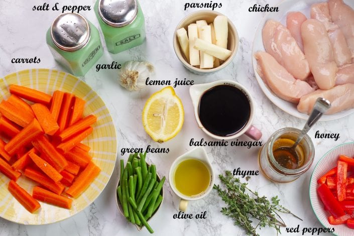 Honey balsamic sheet pan chicken - a great family dinner recipe with mini chicken fillets in balsamic glaze