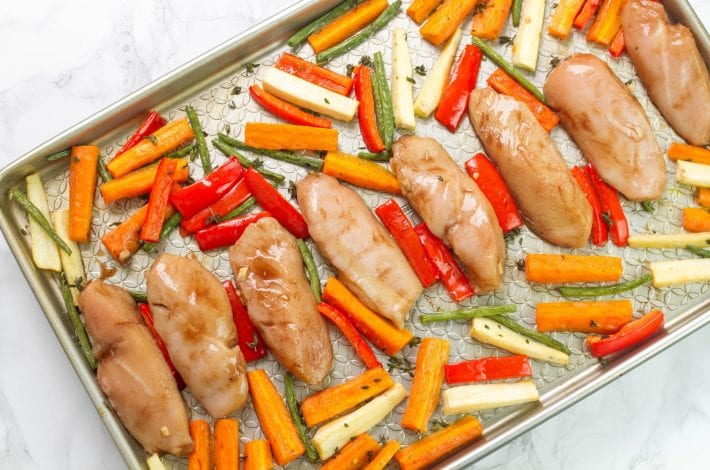 Honey balsamic sheet pan chicken - a great family dinner recipe with mini chicken fillets in balsamic glaze
