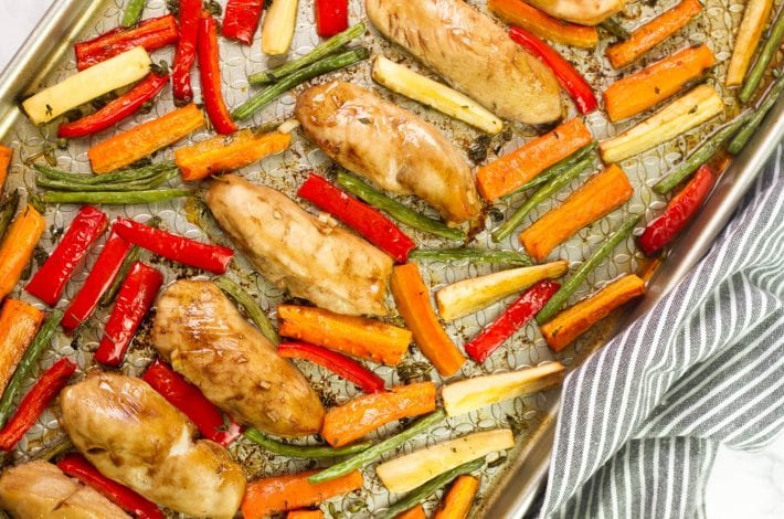Honey balsamic sheet pan chicken - a great family dinner recipe with mini chicken fillets in balsamic glaze