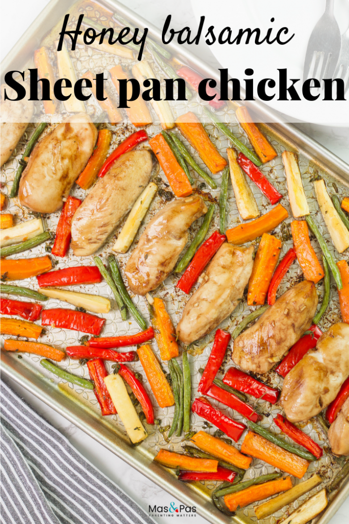 Honey balsamic sheet pan chicken - a great family dinner recipe with mini chicken fillets in balsamic glaze